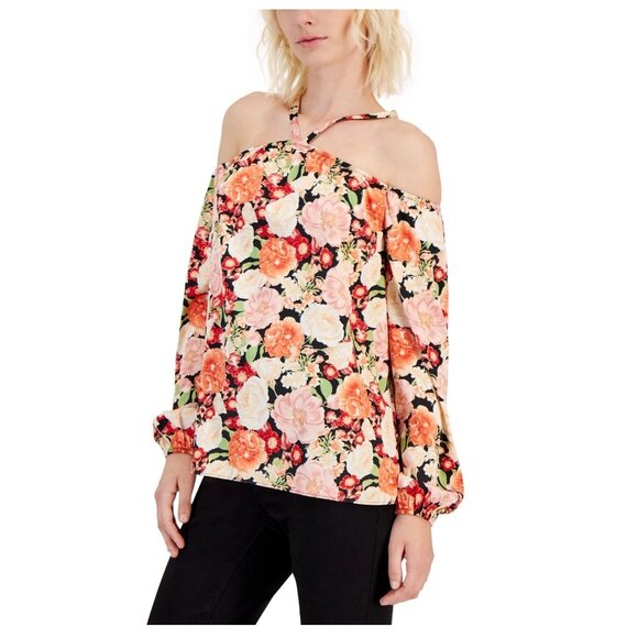 INC Women's Long-Sleeve Off-The-Shoulder Halter Top, Multi Floral Garden - Picture 1 of 2